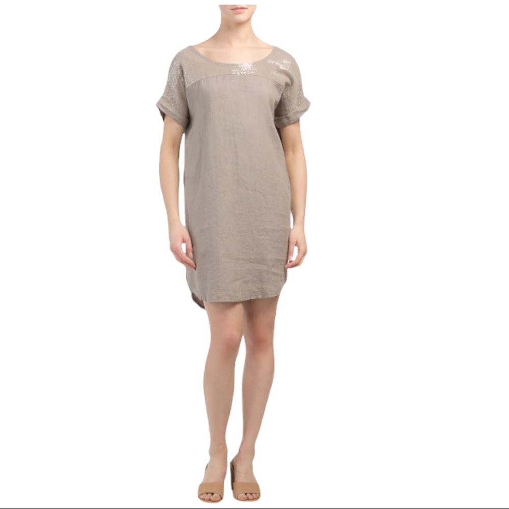 LUNGO L'ARNO Linen Sequin Yoke High Low Dress